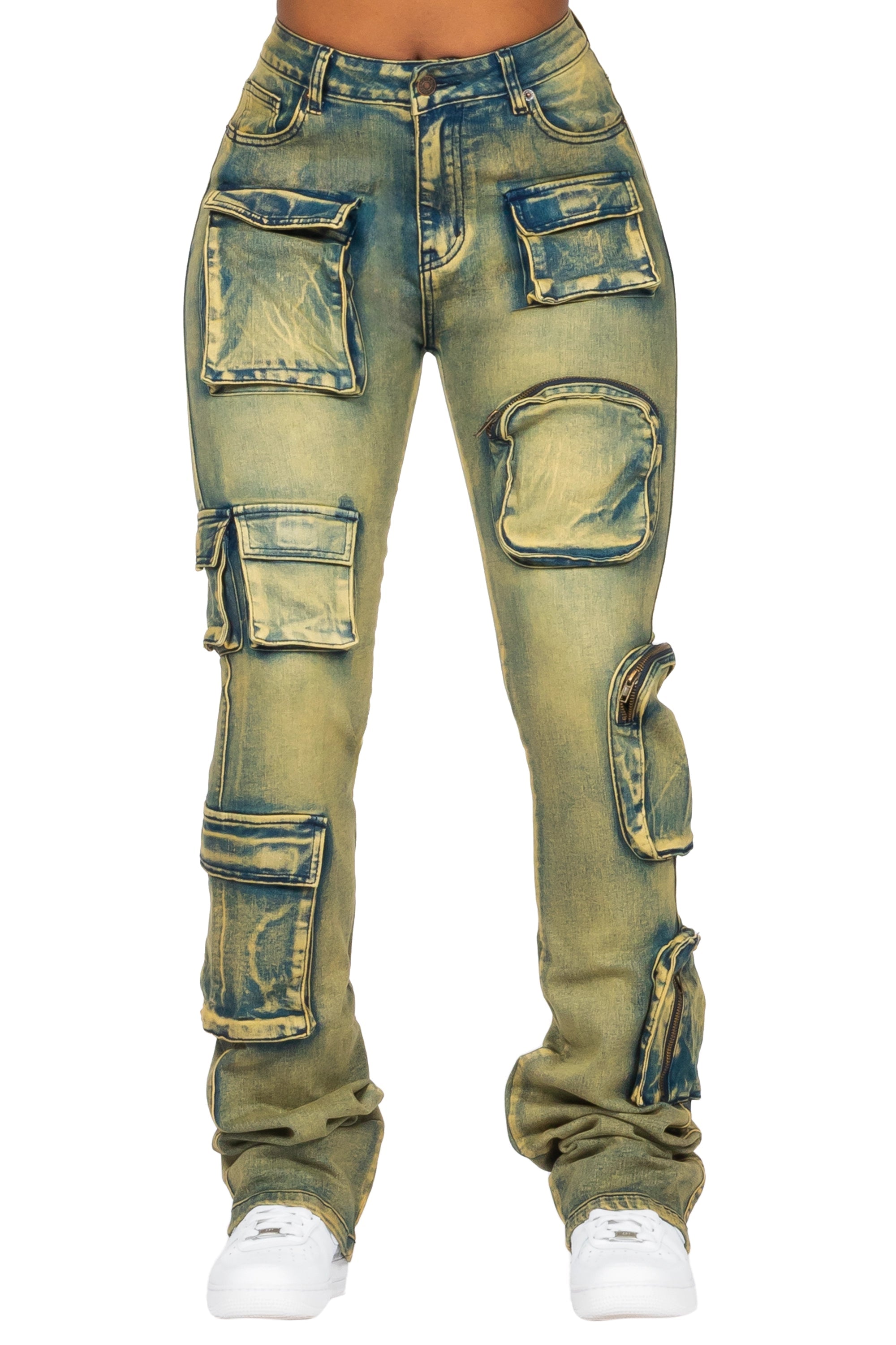 Symone Tinted Dark Wash Cargo Stacked Flare Jean