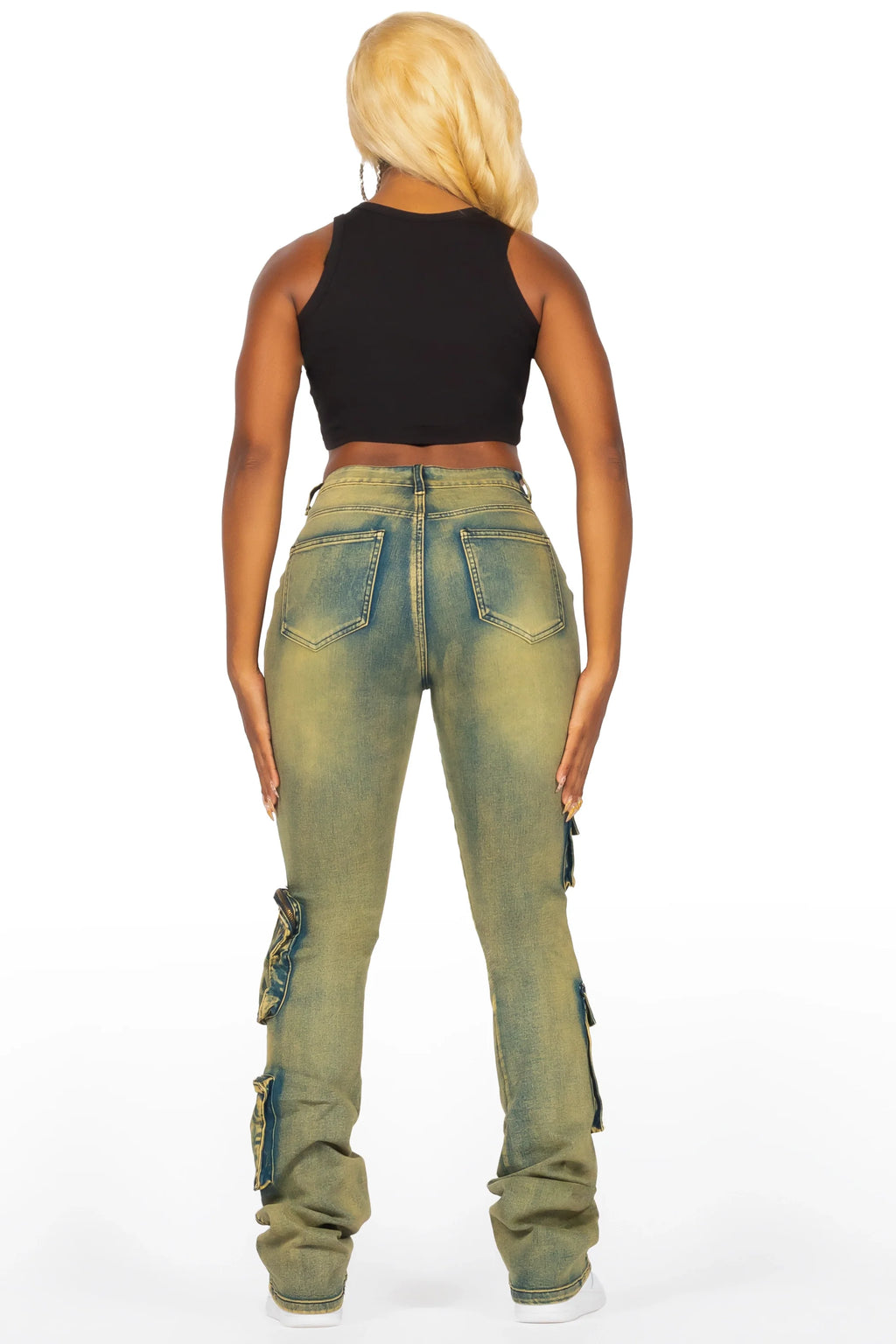 Symone Tinted Dark Wash Cargo Stacked Flare Jean