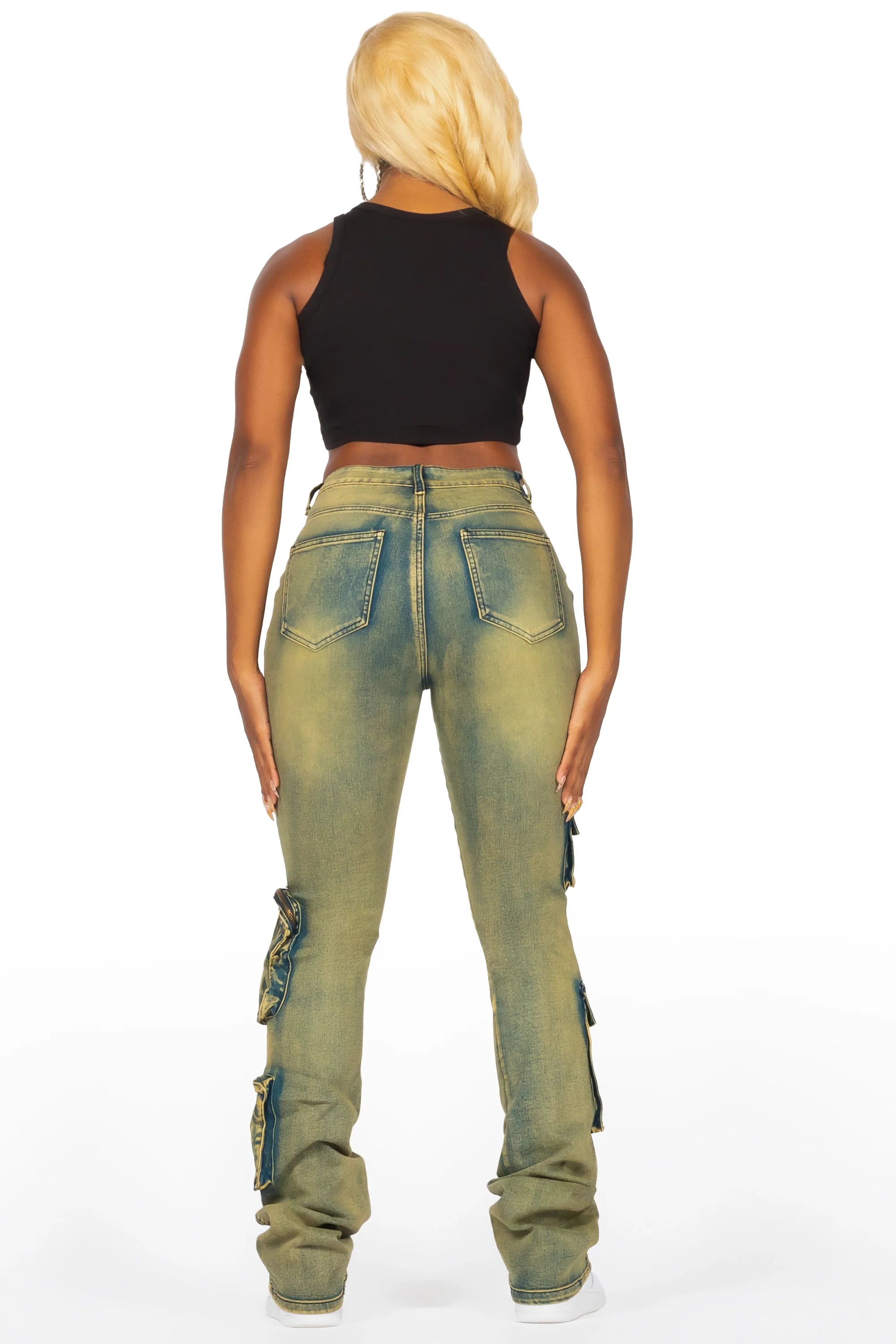 Symone Tinted Dark Wash Cargo Stacked Flare Jean