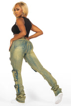 Symone Tinted Dark Wash Cargo Stacked Flare Jean