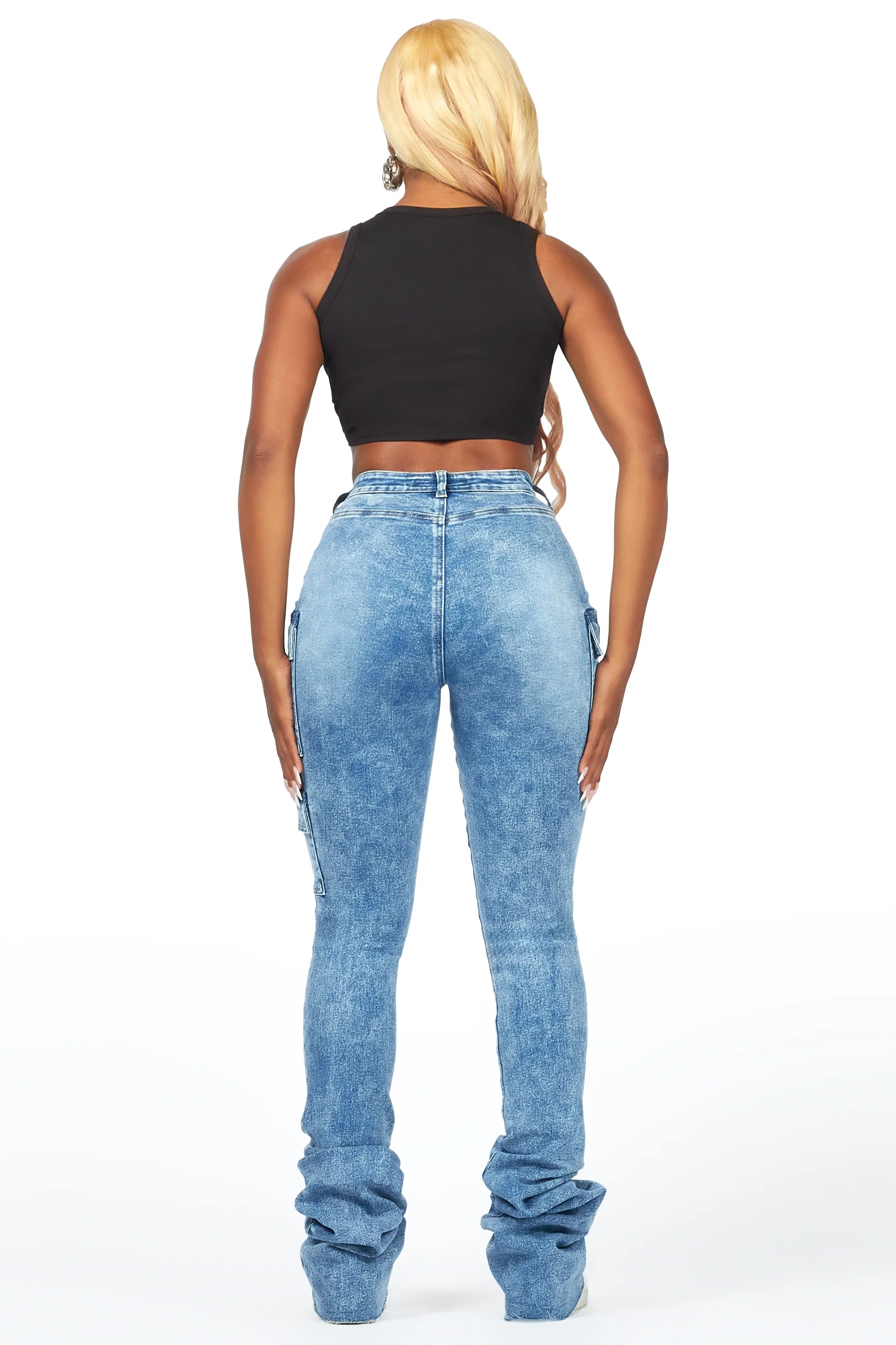 Vixen Acid Wash Distressed Cargo Super Stacked Jean