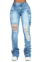 Vixen Acid Wash Distressed Cargo Super Stacked Jean