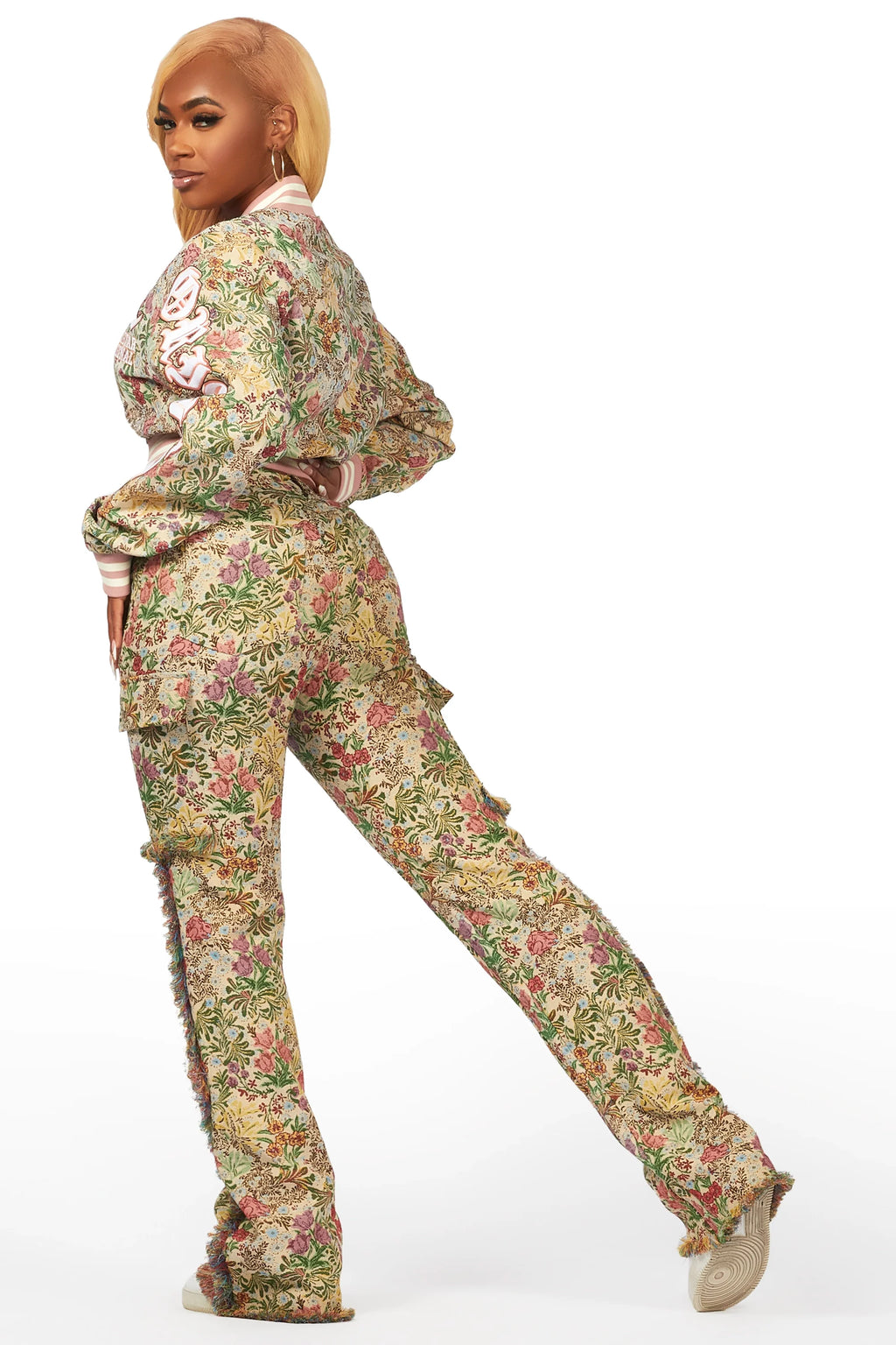 Kyiori Beige Crop Tapestry Varsity Jacket