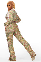 Kyiori Beige Crop Tapestry Varsity Jacket