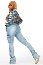 Kyiori Blue Crop Tapestry Varsity Jacket