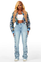 Kyiori Blue Crop Tapestry Varsity Jacket