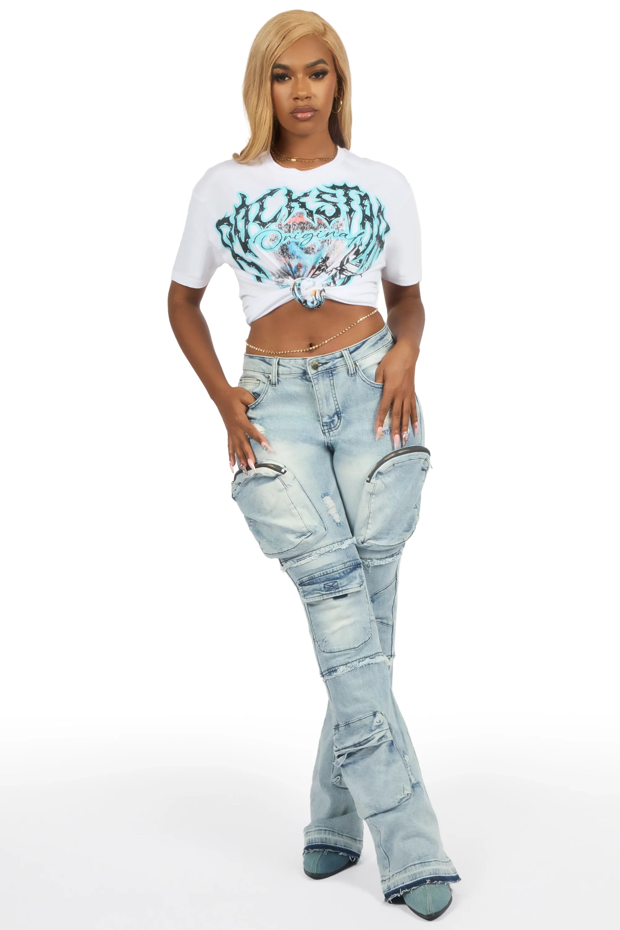 Terrina White Tee & Toniesha Light Wash Jean Set