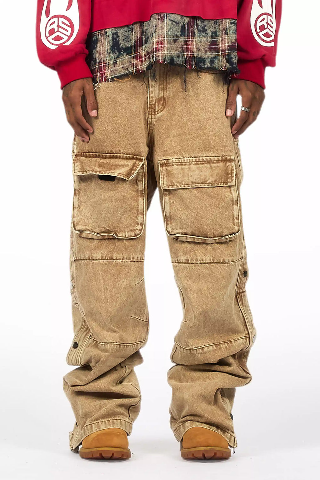 Yuri Beige Stacked Cargo Flare Jean
