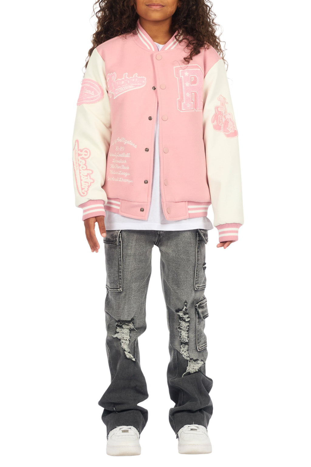 Girls Rosalyn Pink/White Varsity Jacket