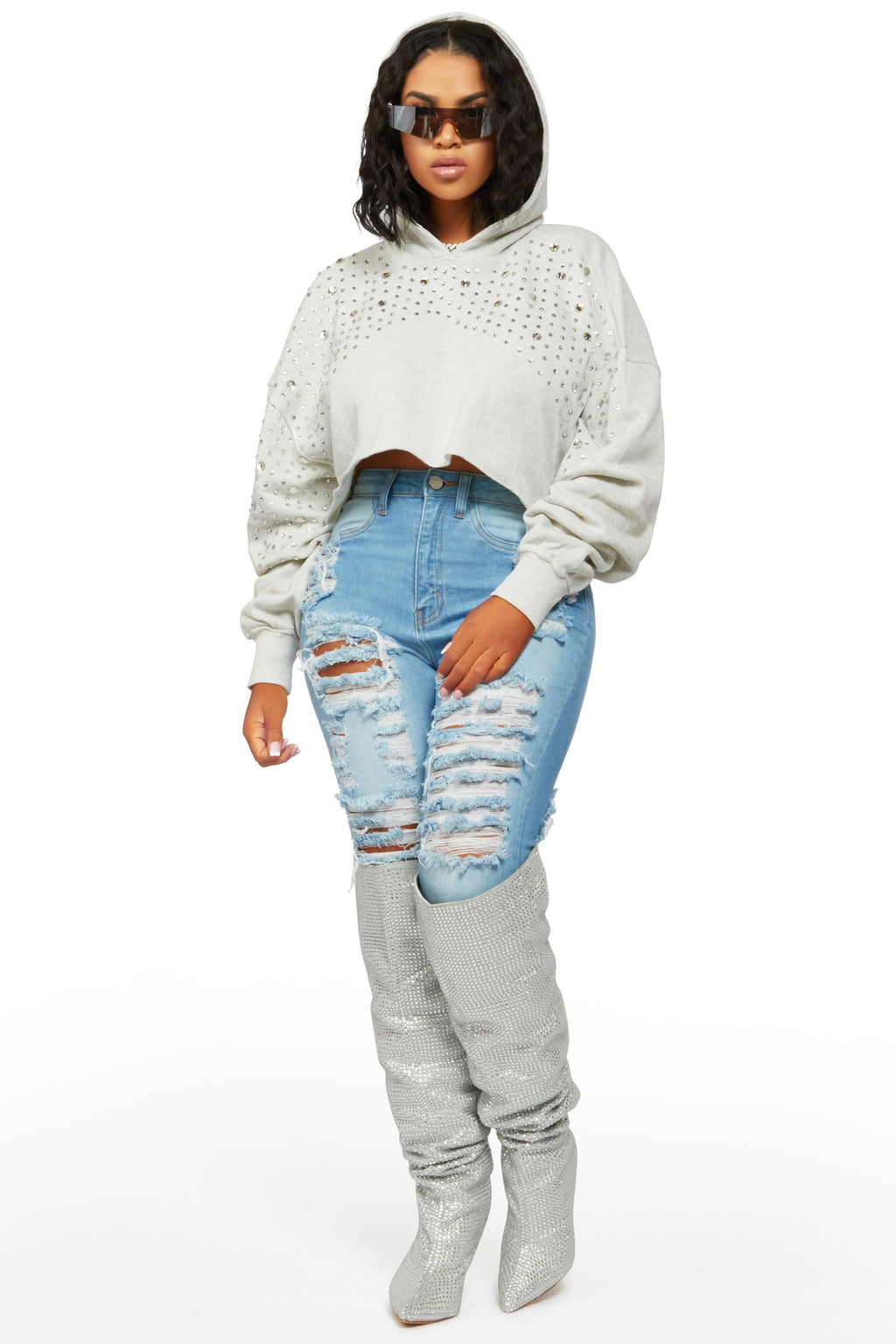 The Clermont Twins Neveah Beige Rhinestone Hoodie