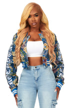 Kyiori Blue Crop Tapestry Varsity Jacket