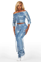 Lovera Light Wash Foiled Stacked Flare Jean