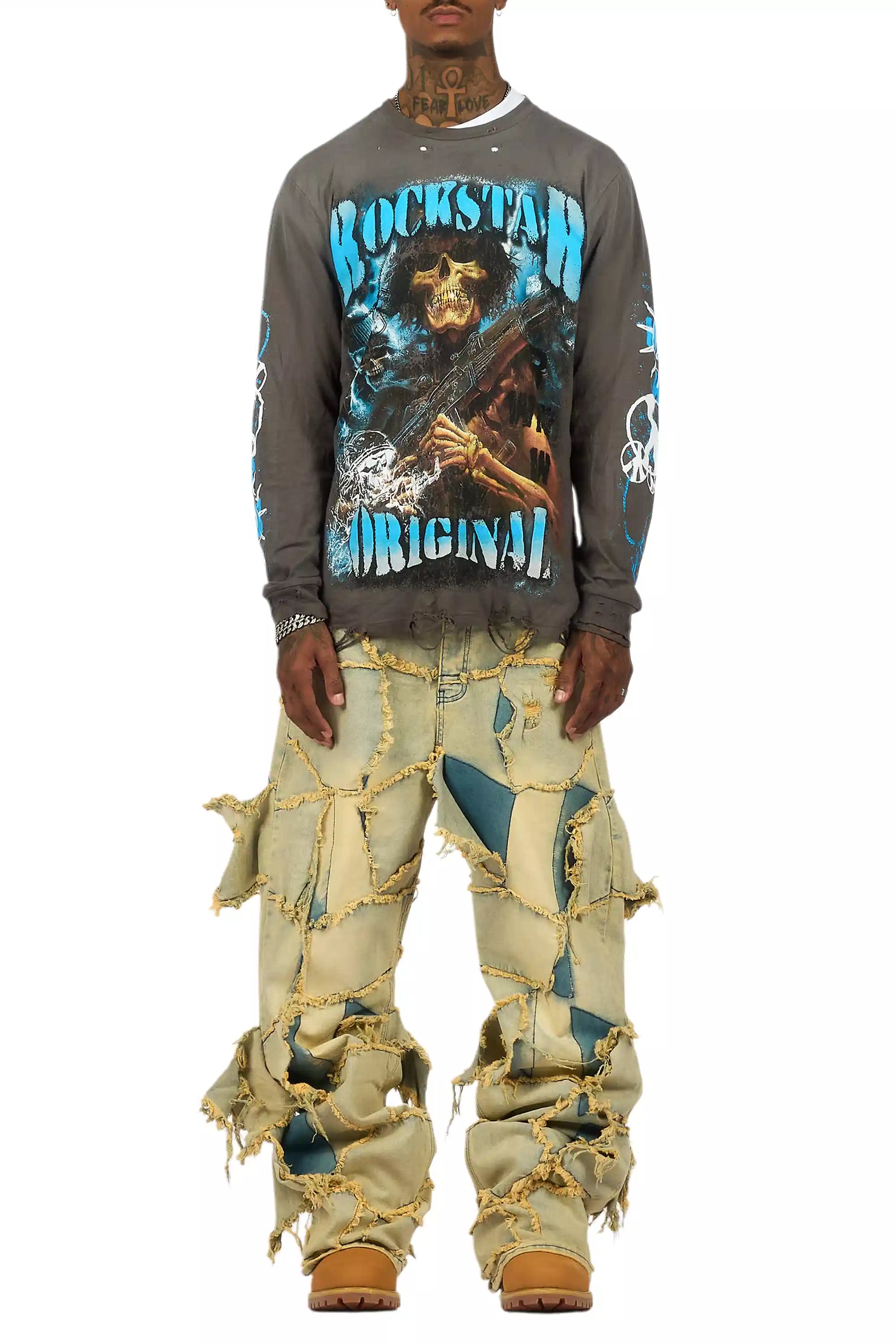 Zare Charcoal/Blue Long Sleeve Graphic T-Shirt