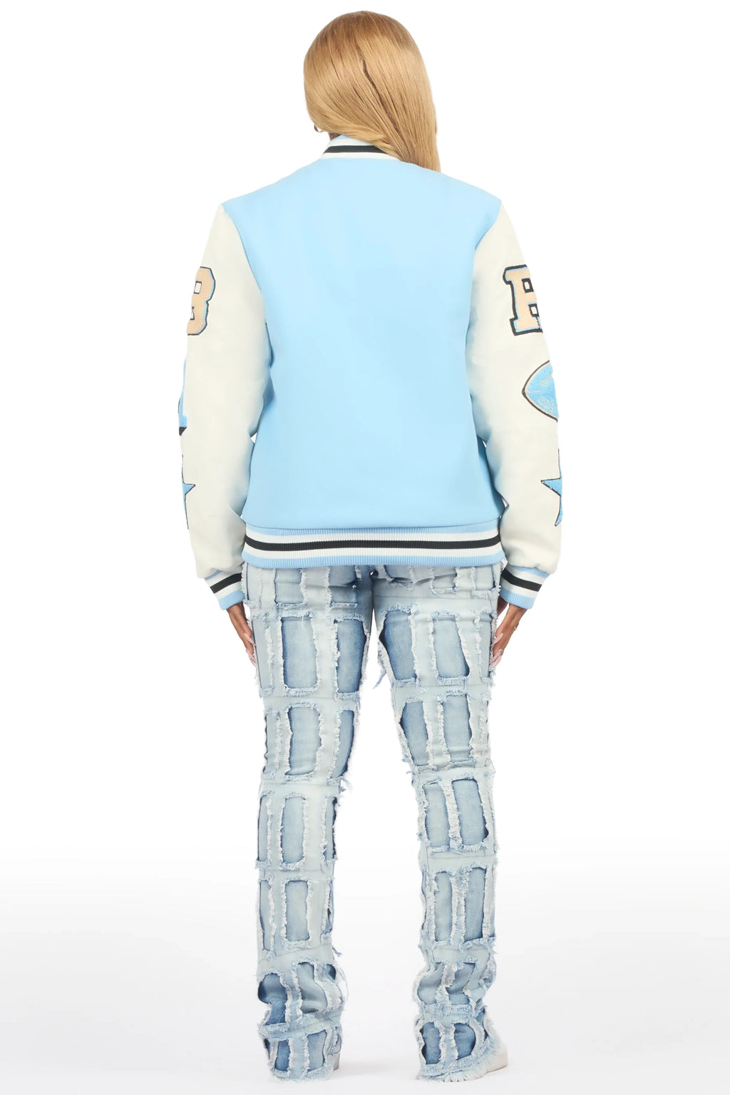 Adrienne Baby Blue Oversized Varsity Jacket