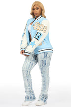 Adrienne Baby Blue Oversized Varsity Jacket