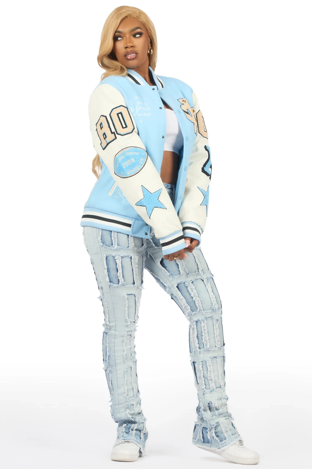 Adrienne Baby Blue Oversized Varsity Jacket