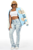 Adrienne Baby Blue Oversized Varsity Jacket