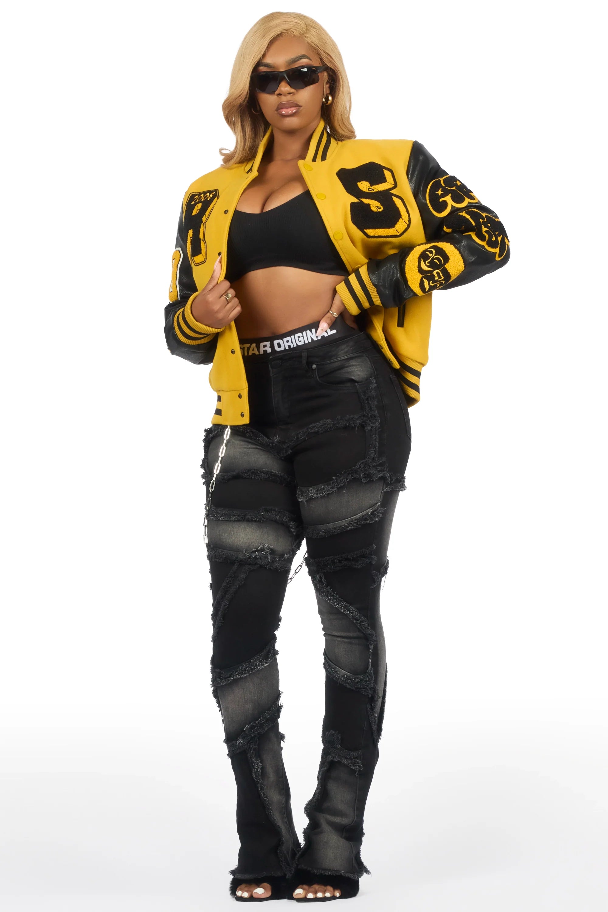 Leslee Black/Yellow Oversized Varsity Jacket