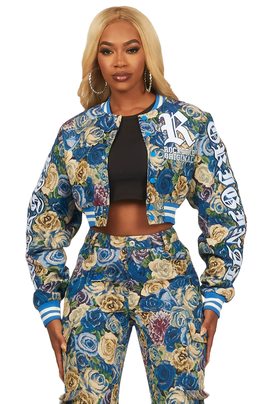 Darresha Blue Crop Tapestry Varsity Jacket