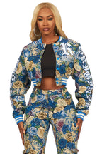 Darresha Blue Crop Tapestry Varsity Jacket
