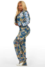 Darresha Blue Crop Tapestry Varsity Jacket