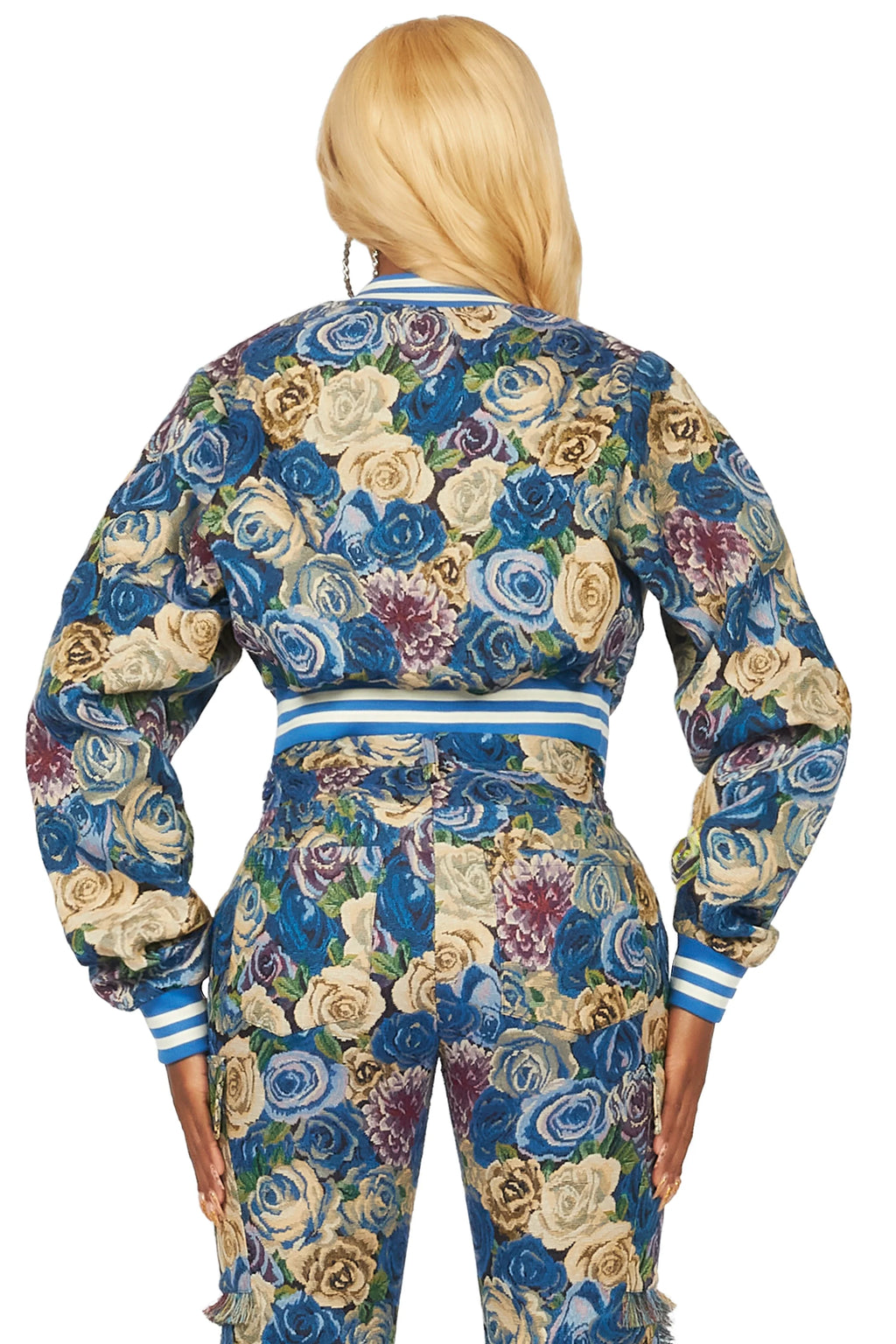 Darresha Blue Crop Tapestry Varsity Jacket