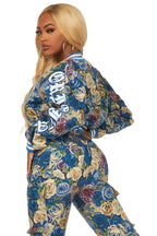 Darresha Blue Crop Tapestry Varsity Jacket