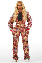 Darresha Red Crop Tapestry Varsity Jacket