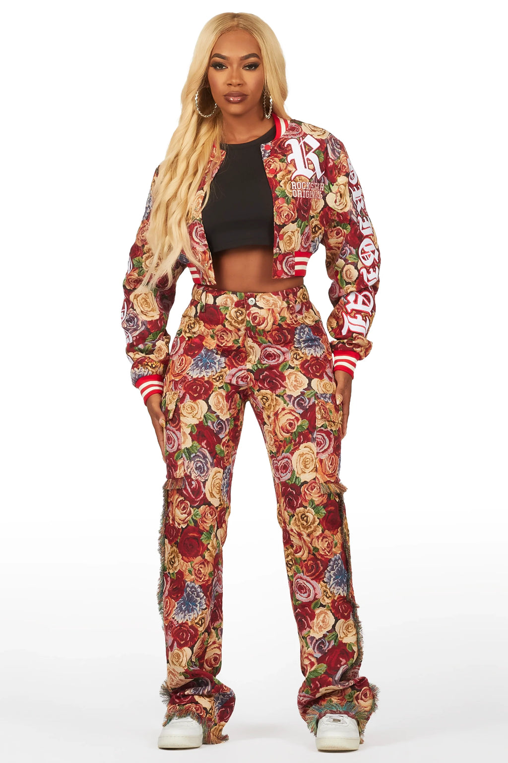 Darresha Red Crop Tapestry Varsity Jacket