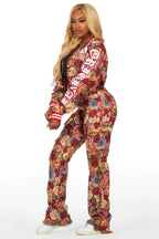 Darresha Red Crop Tapestry Varsity Jacket