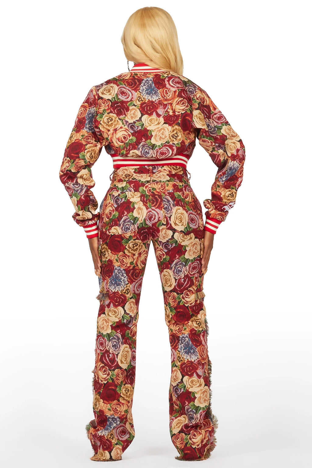 Darresha Red Crop Tapestry Varsity Jacket