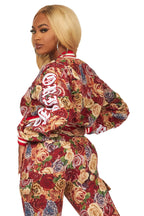 Darresha Red Crop Tapestry Varsity Jacket