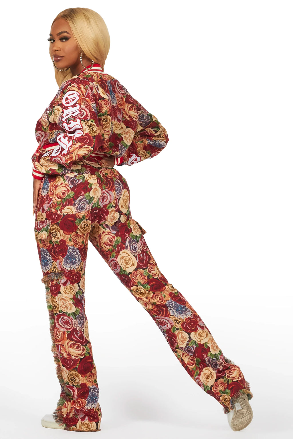 Darresha Red Crop Tapestry Varsity Jacket