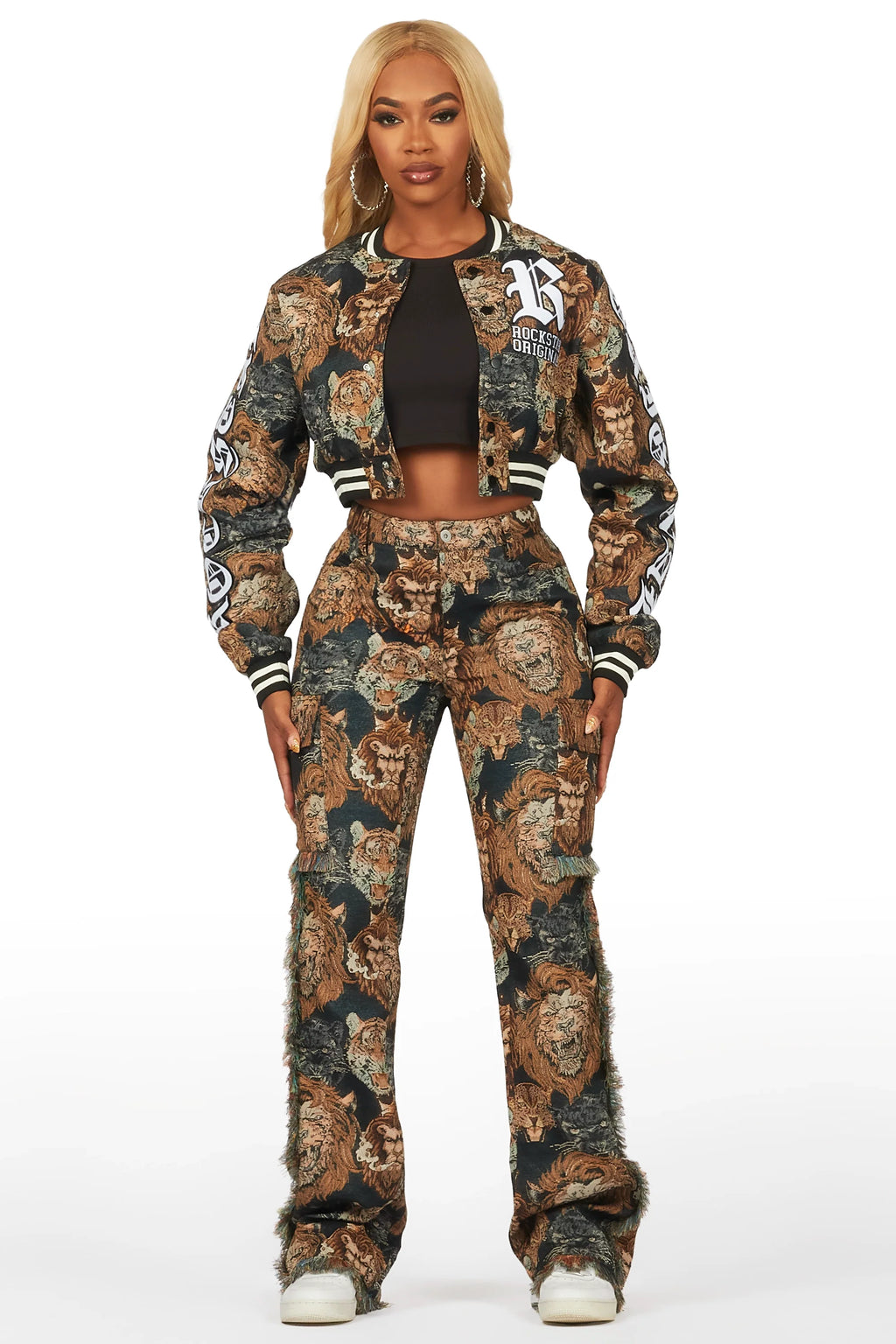 Khadiyah Black Crop Tapestry Varsity Jacket