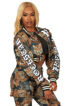 Khadiyah Black Crop Tapestry Varsity Jacket