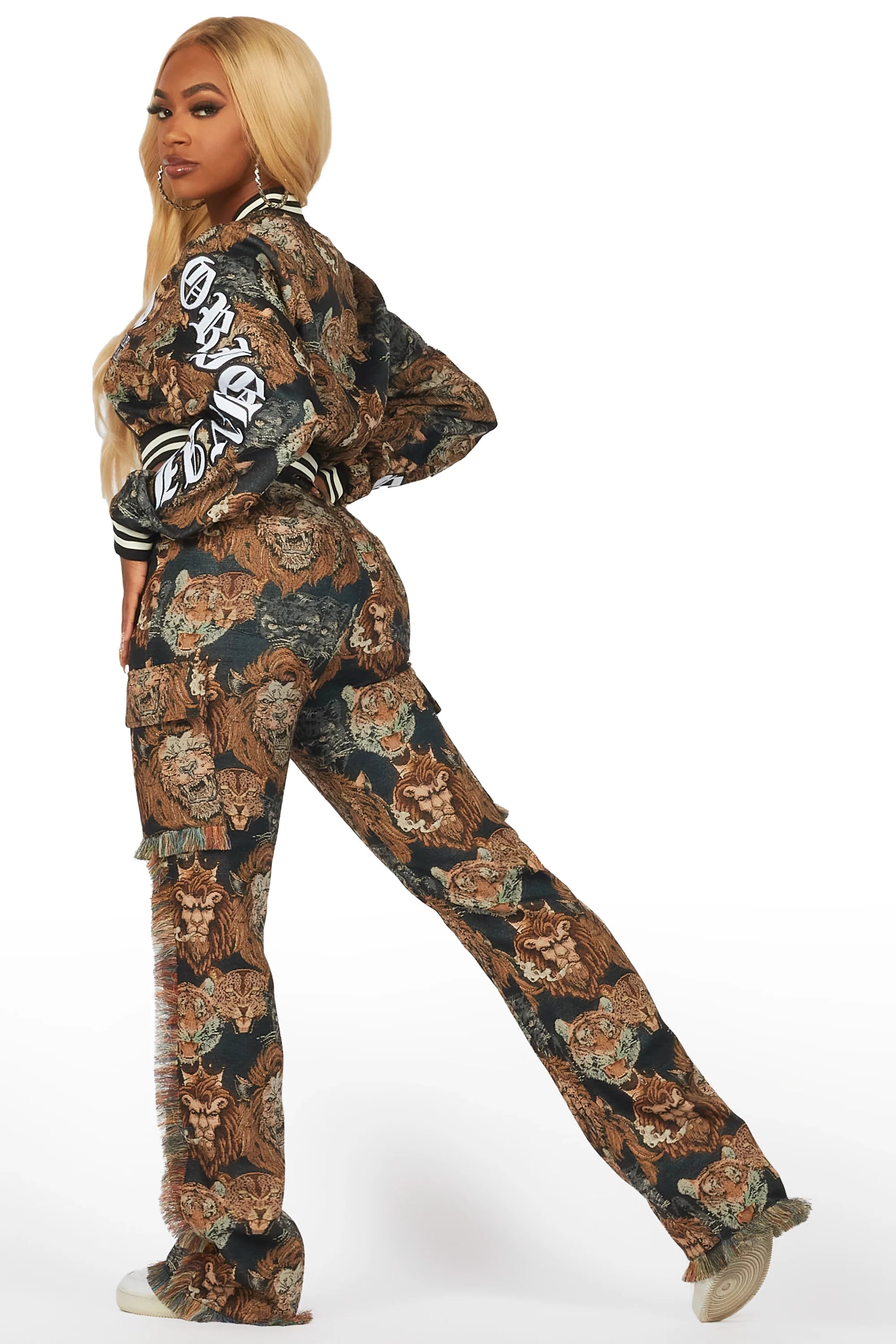 Khadiyah Black Animal Print Tapestry Stacked Pant