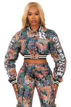 Rena Black Crop Tapestry Varsity Jacket