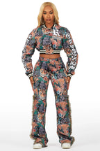 Rena Black Crop Tapestry Varsity Jacket