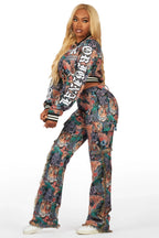 Rena Black Crop Tapestry Varsity Jacket