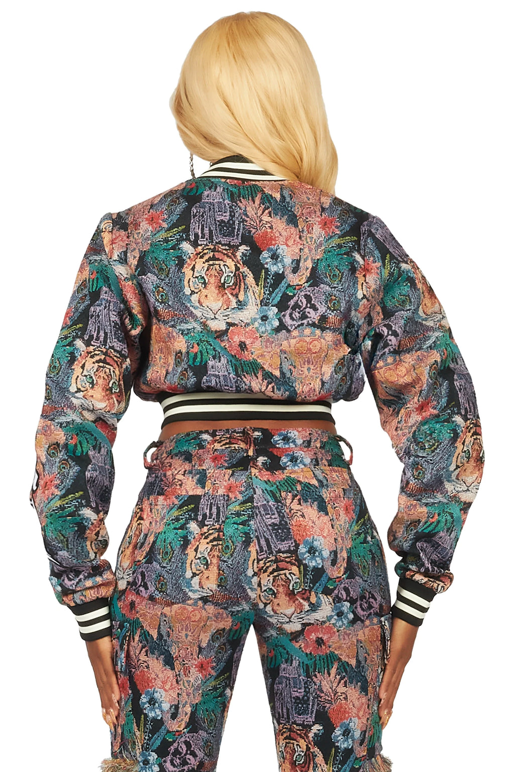 Rena Black Crop Tapestry Varsity Jacket