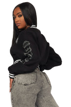 Gianni Black Crop Rhinestone Varsity Jacket