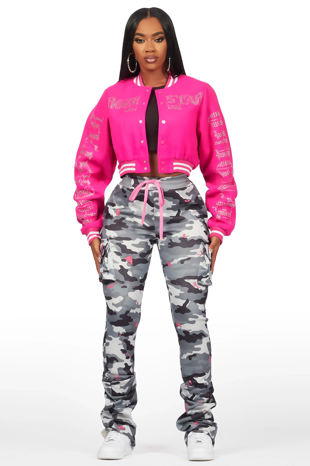 Lavenda Grey Camo Cargo Stacked Track Pant