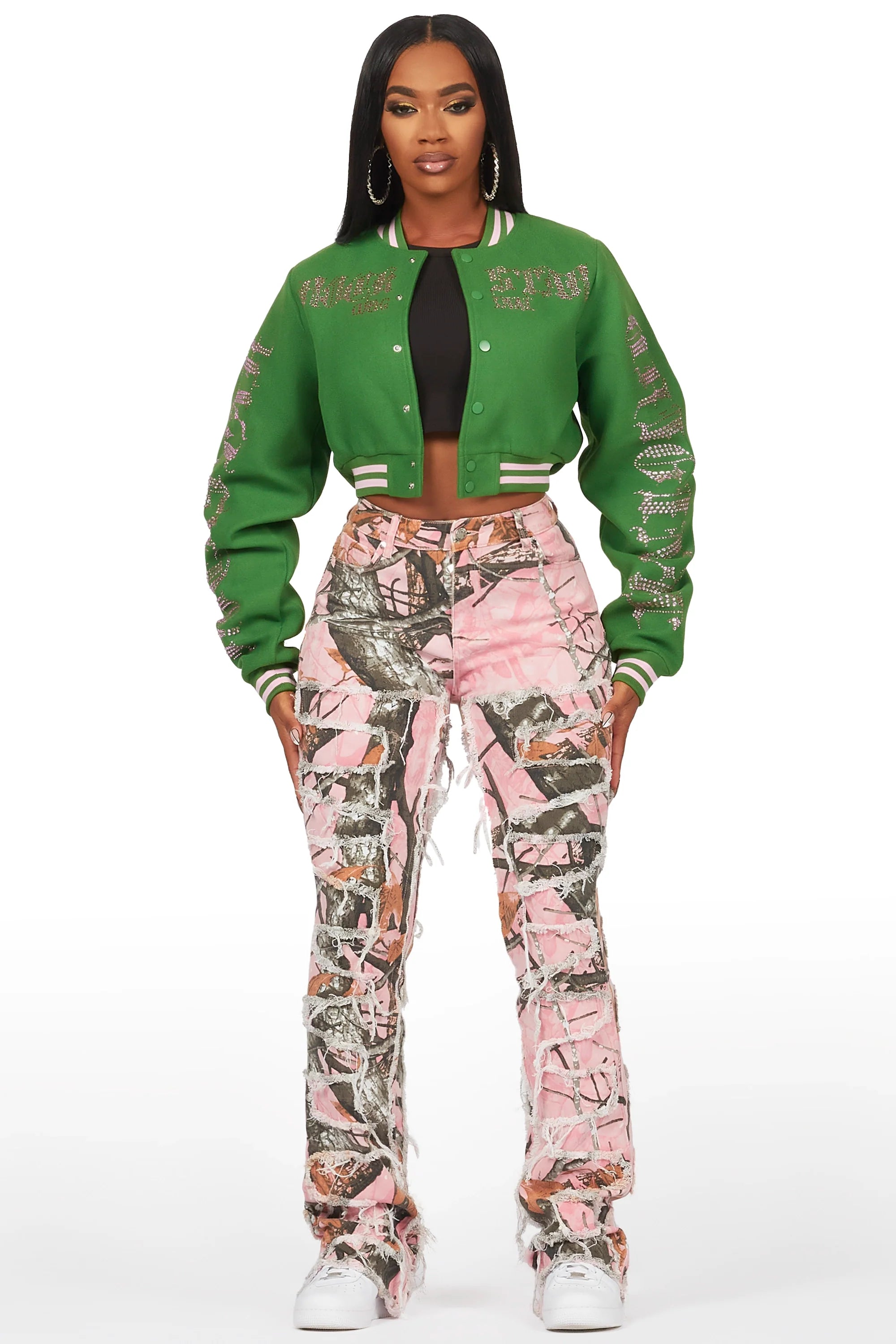 Zariyah Pink Tree Camo Stacked Flare Jean