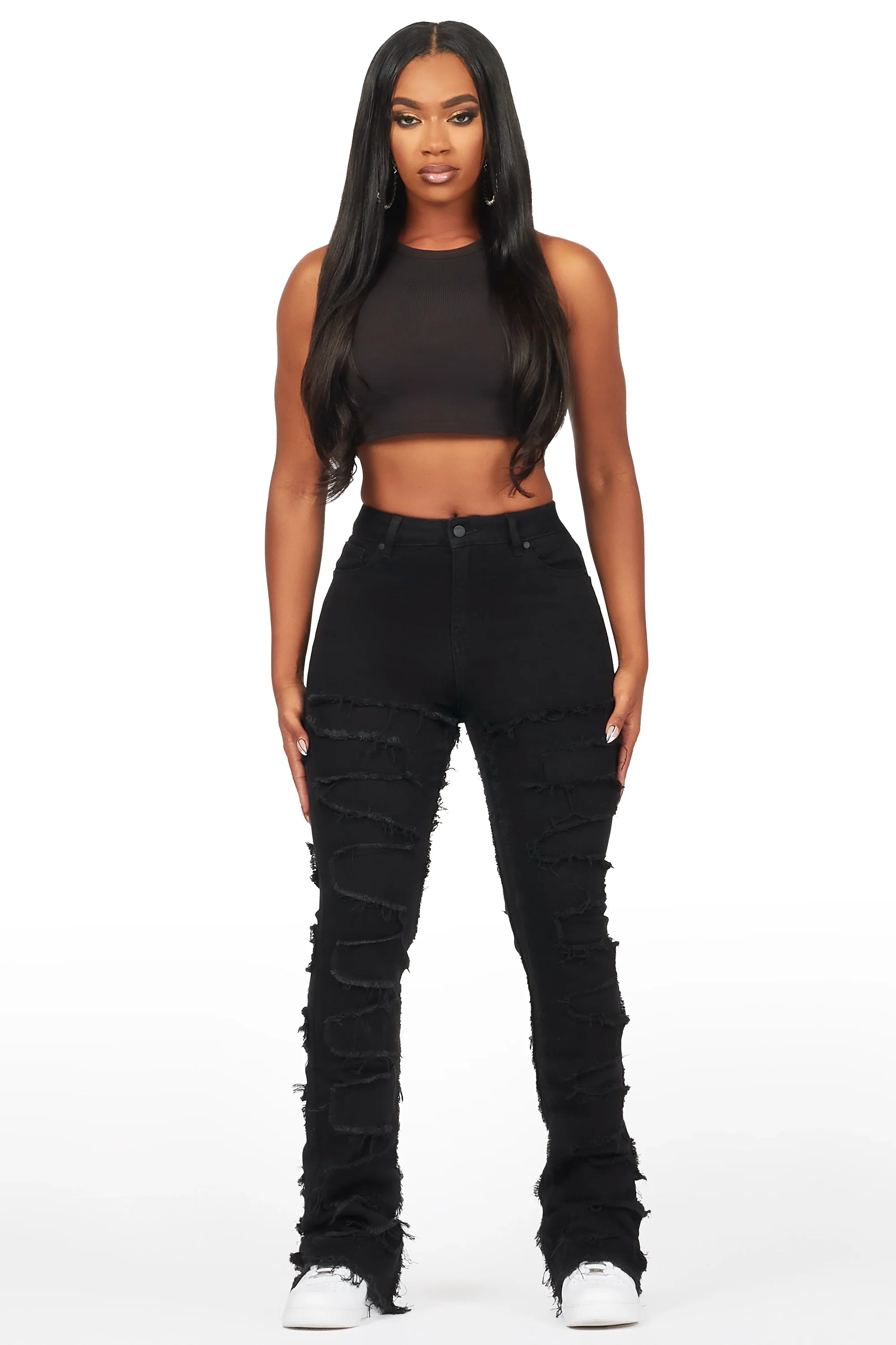 Zariyah Black Stacked Flare Jean