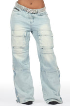 Jinnette Light Wash Baggy Fit Snap Jean