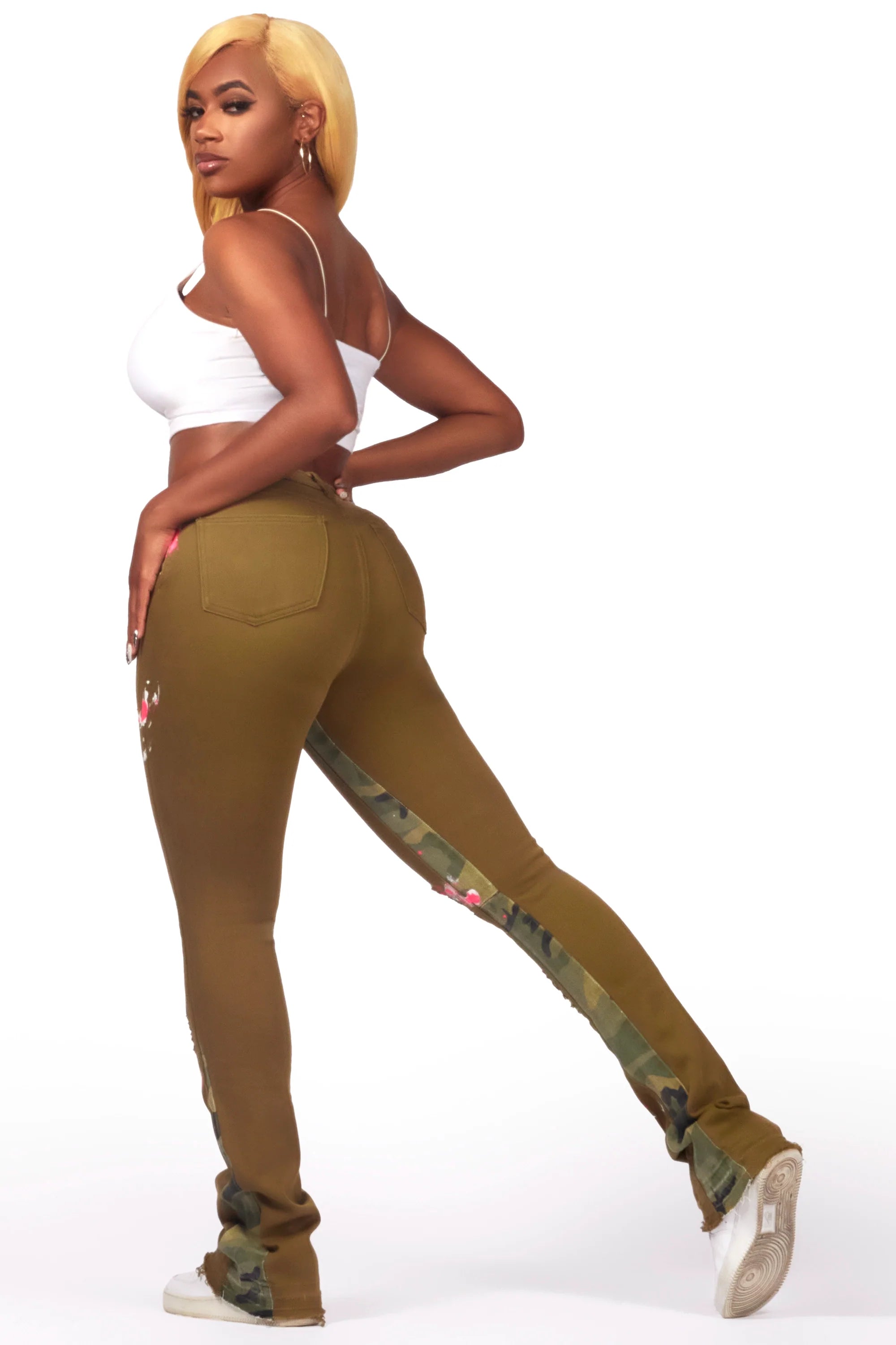 Curtia Olive Painted Stacked Flare Jean