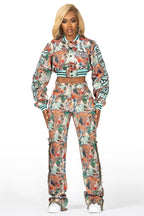 Rena Beige Crop Tapestry Varsity Jacket