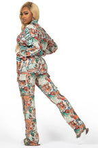 Rena Beige Crop Tapestry Varsity Jacket