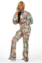 Rena Beige Crop Tapestry Varsity Jacket