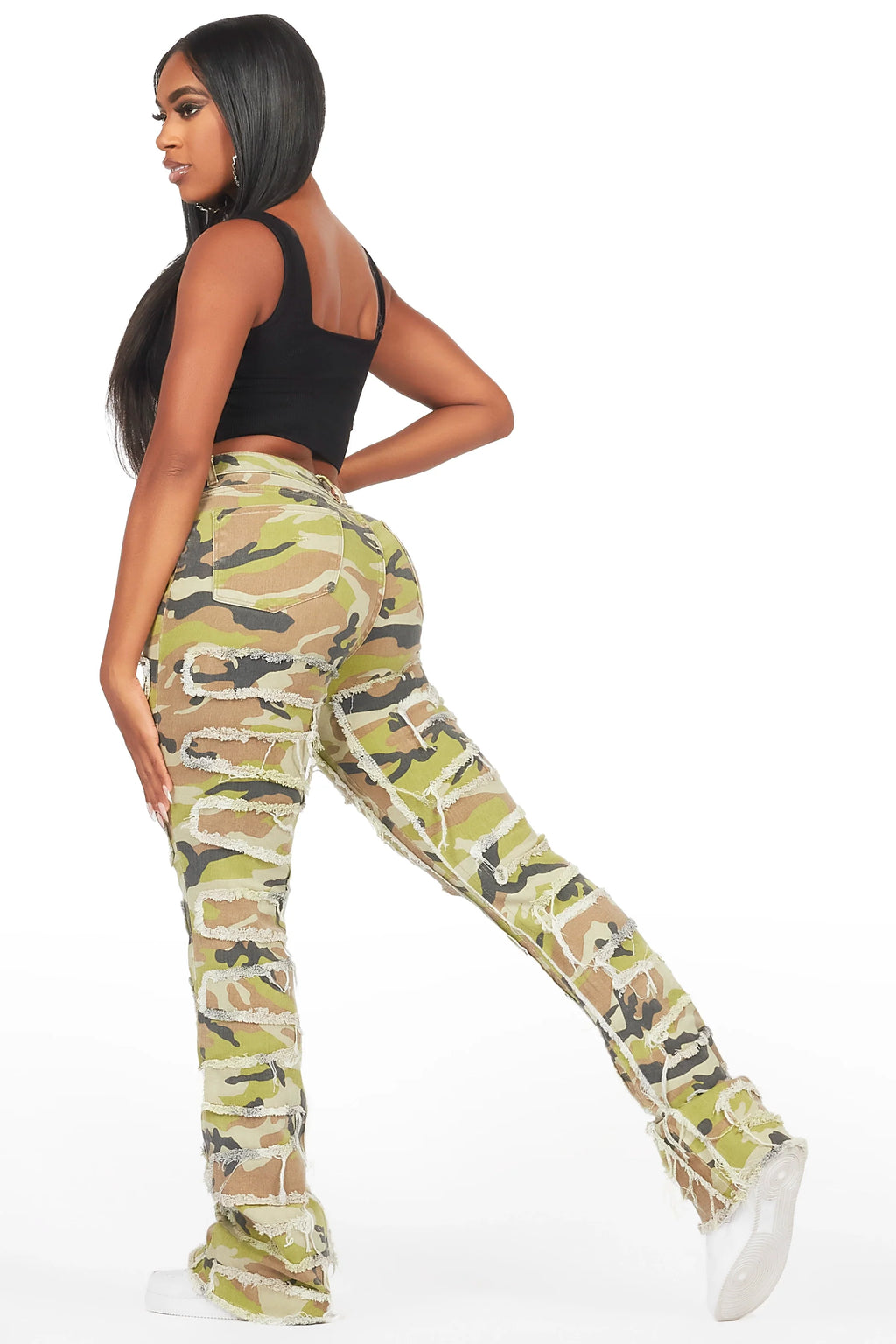 Zariyah Green Camo Stacked Flare Jean